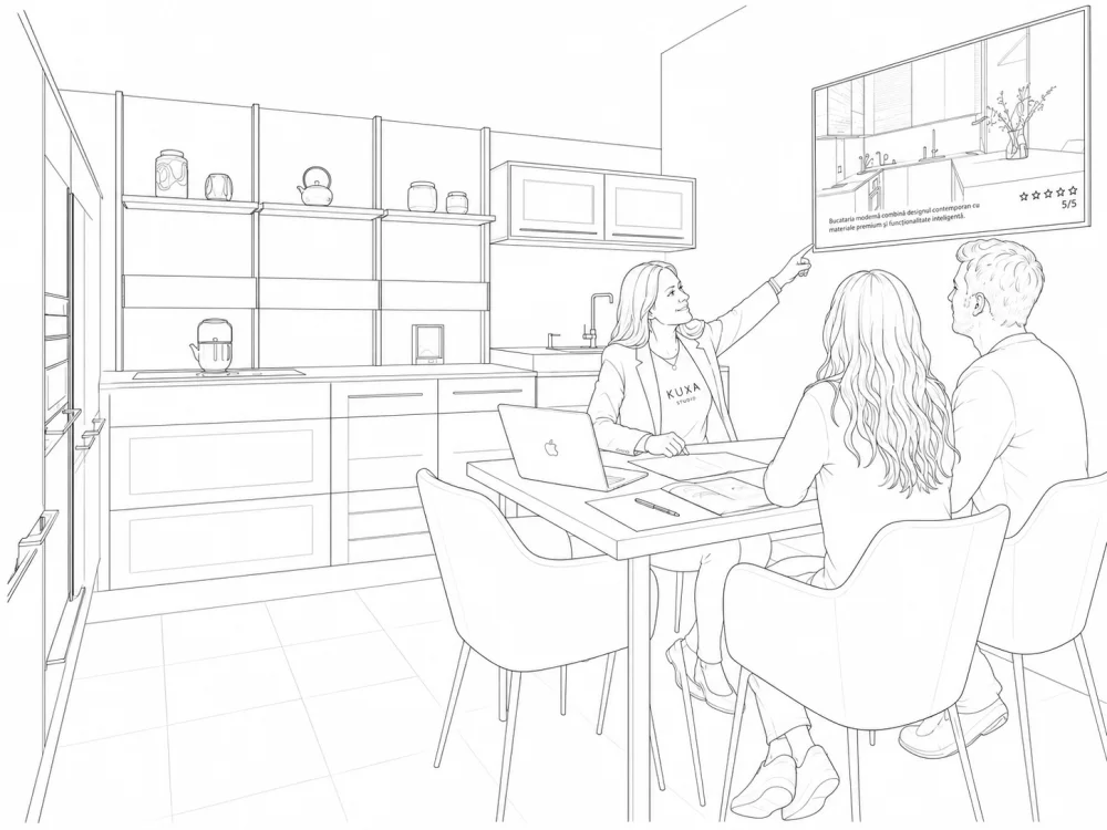 Designer KUXA prezentând un proiect de bucătărie unui cuplu în showroom