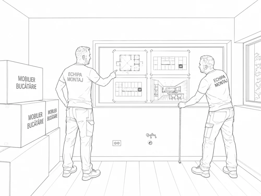 Echipa de montaj KUXA studiind planurile tehnice cu cutiile de mobilier alături